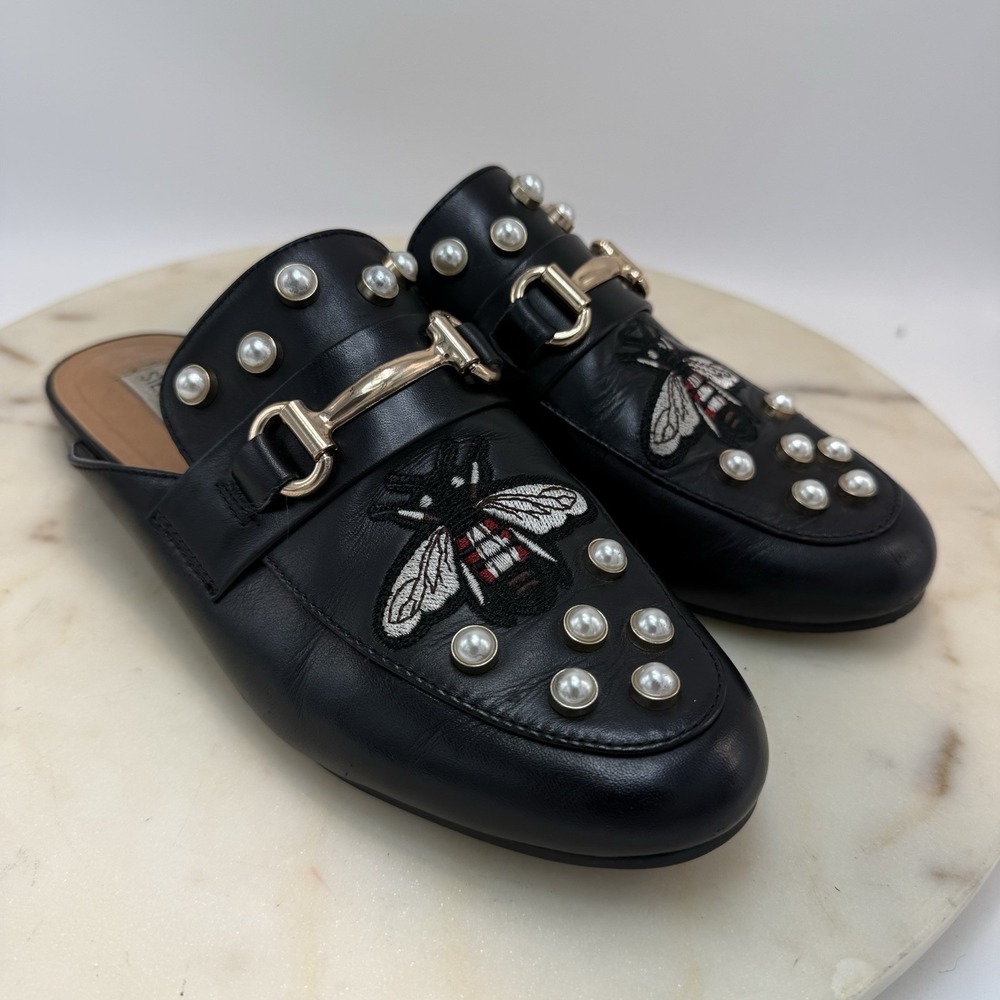 Steve Madden Kandi – B Black Leather Mule Pearls Bee Embroidered Women's 6.5M